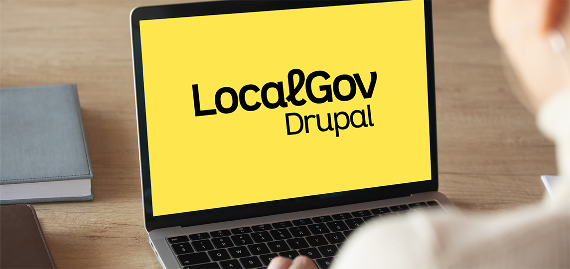 person on laptop with localgov drupal logo