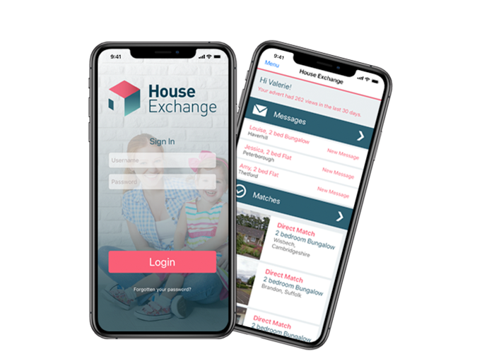 Screenshot of House Exchange app superimposed onto a render of an iPhone